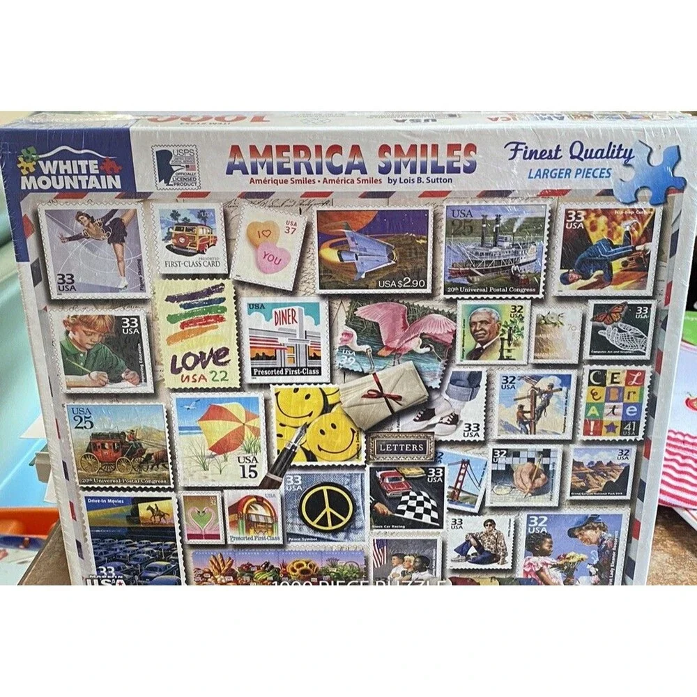 White Mountain AMERICA SMILES 1000 piece puzzle USA postage stamps New Sealed.